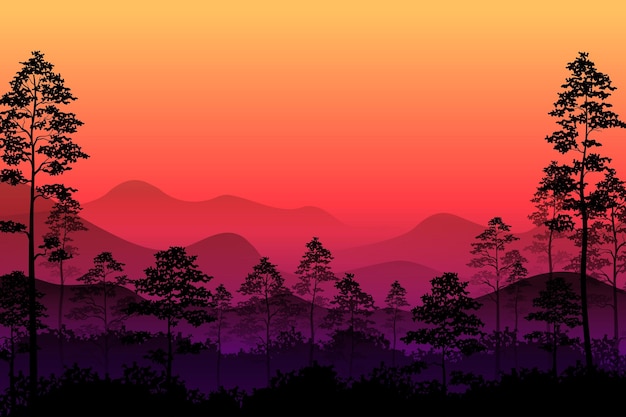 Vector sunset in the forest view with tree hill mountain and red sky