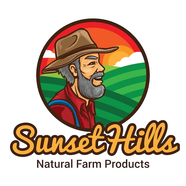 Вектор Шаблон талисмана логотипа фермера sunset hill