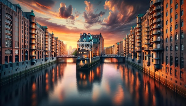 Vector sunset over historic warehouses by hamburg waterfront vibrant sky