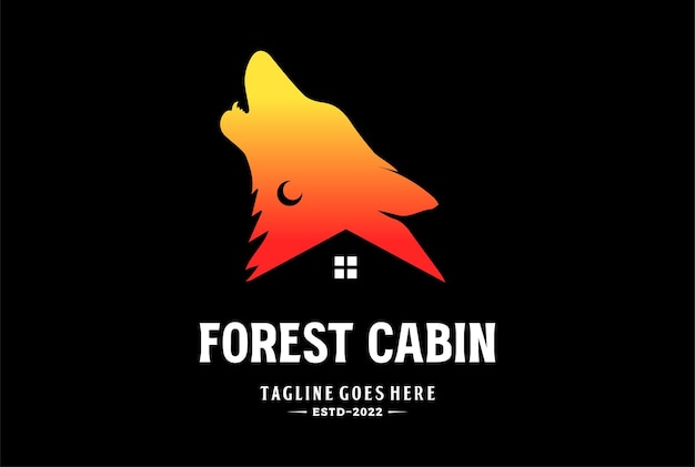 Sunset Howling Wolf Head met House Cabin Chalet voor Outdoor Adventure Logo Icon Illustration