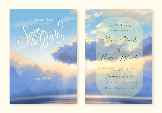 Vector sunset illustration with cloud wedding invite template