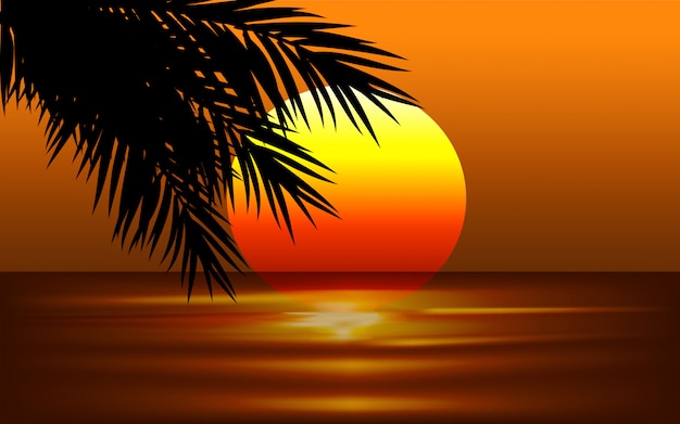 sunset illustration with palm leaves