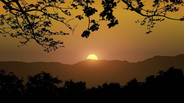 Sunset illustration with silhouette of tree branch