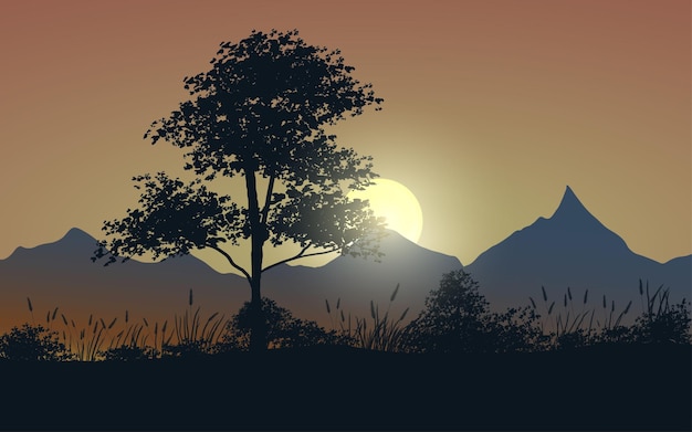 木と山と夕日のイラスト