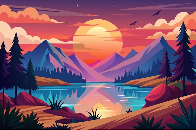 Vector sunset lake landscape cartoon vector illustratie platte stijl kunstwerk concept