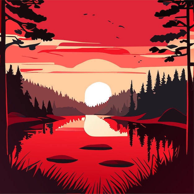 Vector sunset on lake red sky with sun going down the pond surrounded with trees