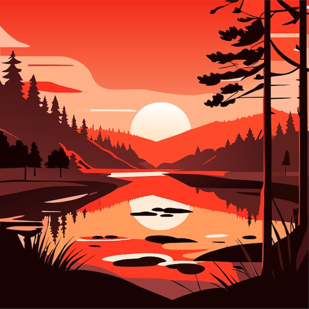 Vector sunset on lake red sky with sun going down the pond surrounded with trees