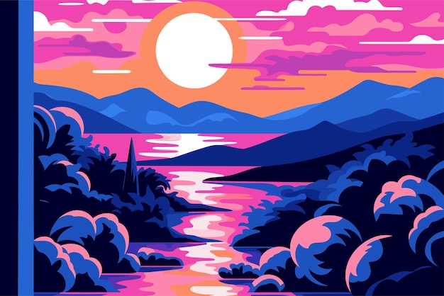 Vettore il tramonto sul lago illustrazione vettoriale in stile piatto