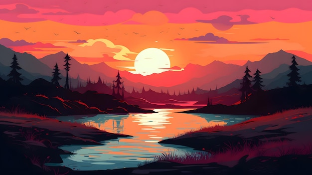 Vector sunset over a lake with a mountain in the background