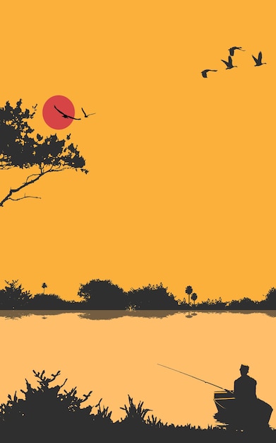 Sunset landscape fishing beautiful scenery portrait vector book cover background tree river lake