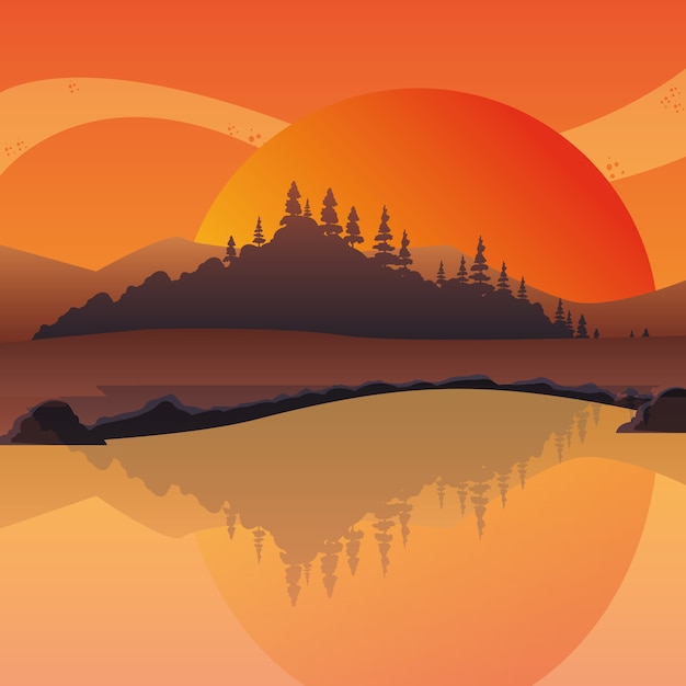 Vector sunset landscape at the lake