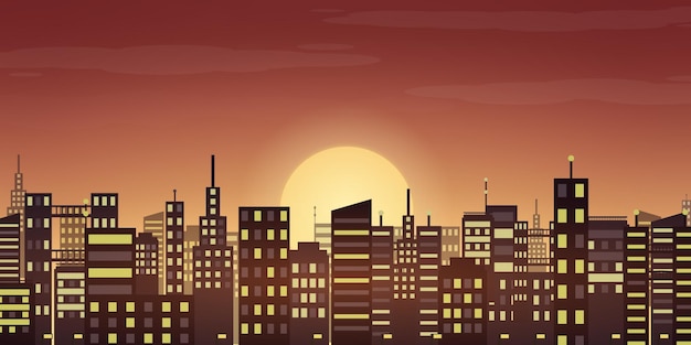 Vector sunset landscape in the modern city