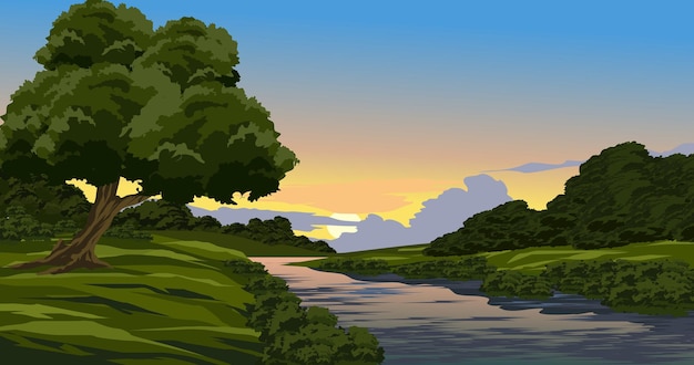 Sunset landscape in rural countryside with river