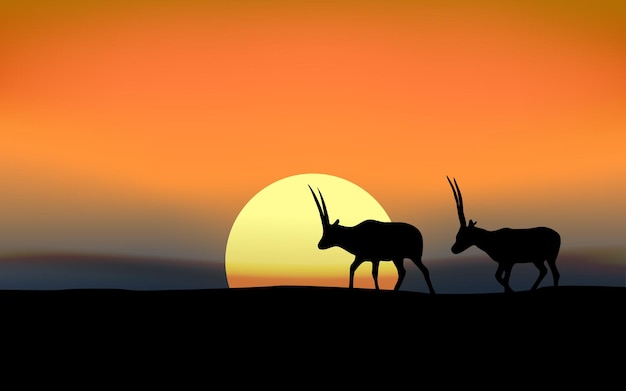 Vettore paesaggio al tramonto con animali in silhouette