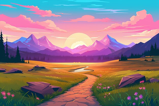 Vector sunset landscape with mountains and path