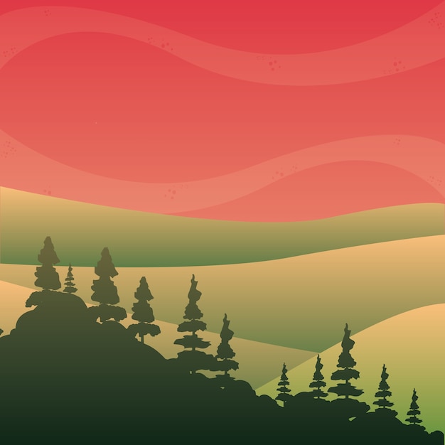 Sunset landscape with mountains and trees