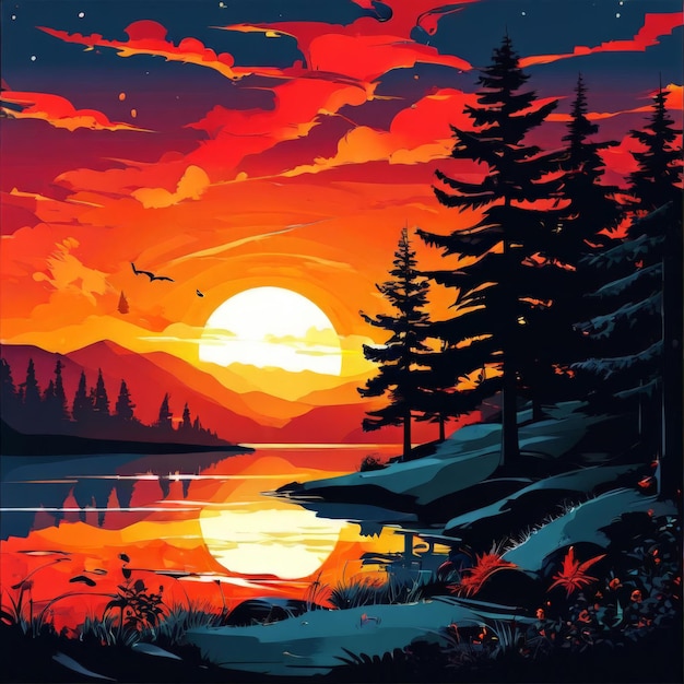 Vector sunset landscape with pine trees and mountains sunset landscape with pine trees and mountains