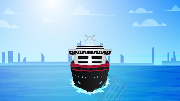 Vector sunset landscape with ship vector illustration