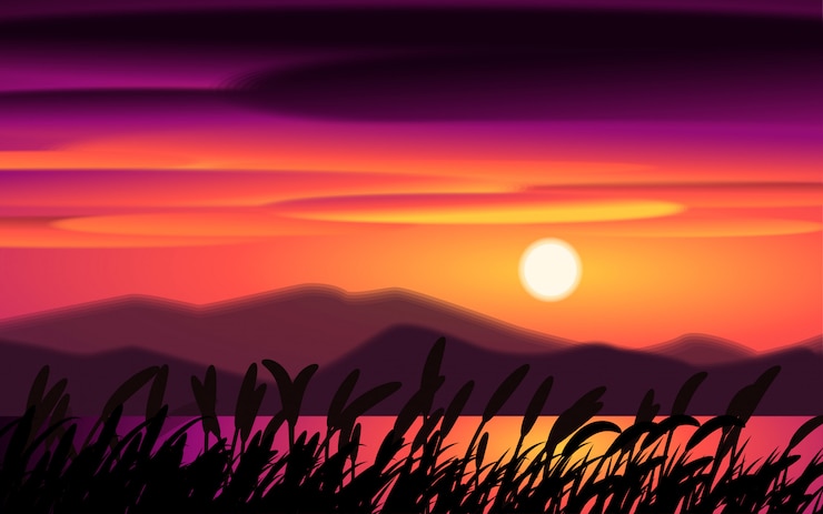 Vector 草と湖のシルエットと夕日の風景