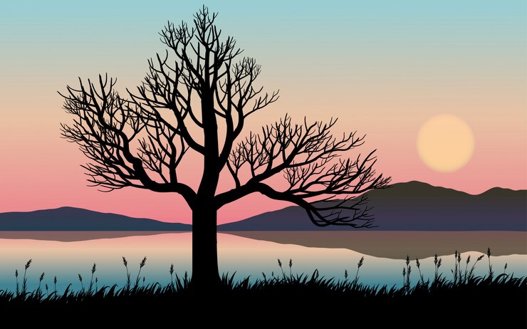 Vector sunset landscape with silhouette of tree and river