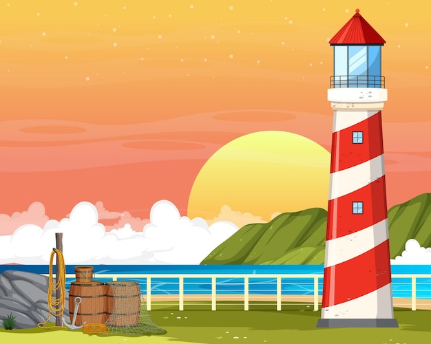 Vector sunset lighthouse outdoor background