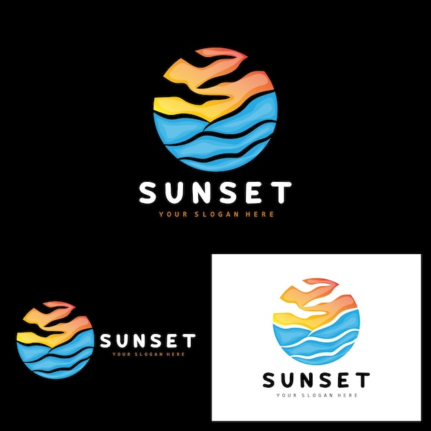 サンセット ロゴ ビーチ デザイン 川と太陽 イラスト ベクトル 夕暮れを楽しむ