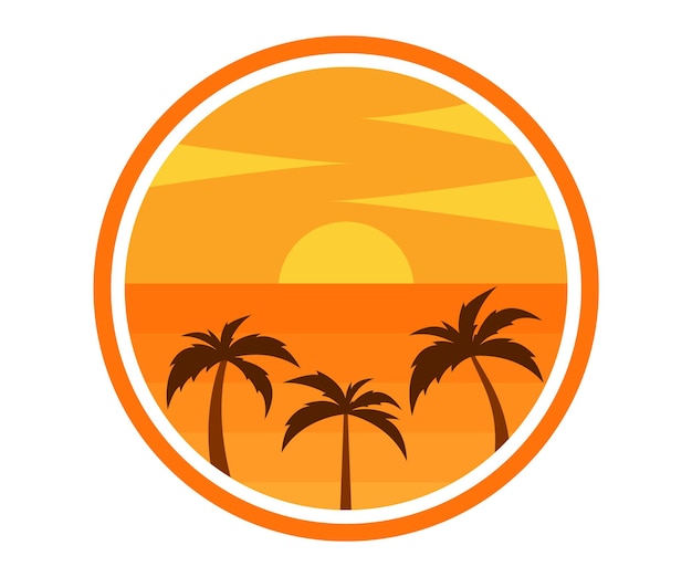 Sunset logo design on the beach with palm tree silhouettes