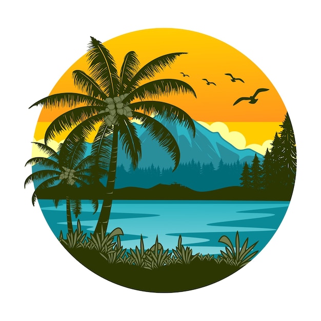 sunset logo design inspiration. sunset, coconut trees, palms and beach.