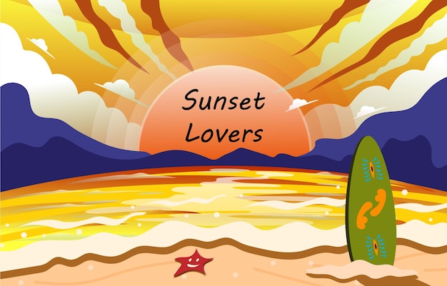 Vector sunset lovers beautiful beach vector illustratie achtergrond