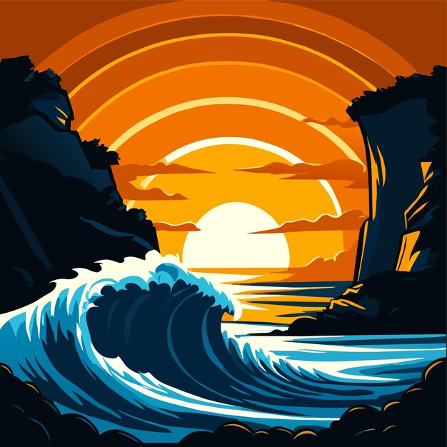 Vector sunset over majestic coastal cliff waves breaking vector illustration