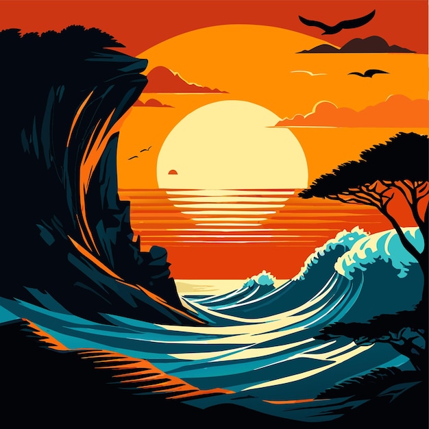 Vector sunset over majestic coastal cliff waves breaking vector illustration