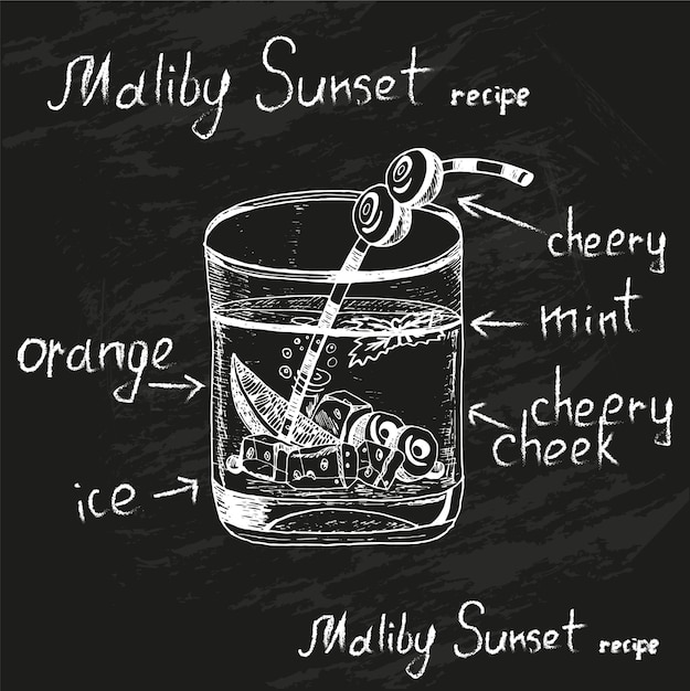 Vector sunset malibu cocktail drawn in chalk with the recipe