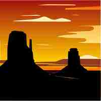 Vector sunset over monument valley silhouettes majestically eroded sandstone vector illustration