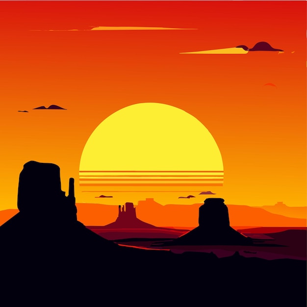 Vector sunset over monument valley silhouettes majestically eroded sandstone vector illustration