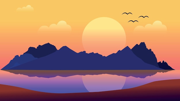 Vector sunset mountain and beach vector illustration