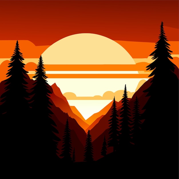 sunset in mountain forest with trees in silhouette vector illustration