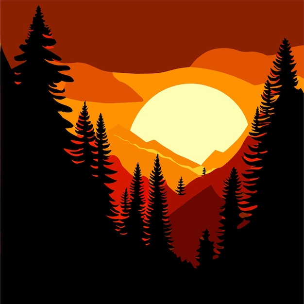 sunset in mountain forest with trees in silhouette vector illustration