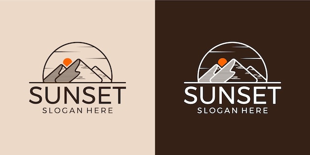 Ispirazione per il design del logo dell'illustrazione del tramonto e della montagna