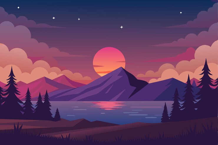Vector sunset over a mountain lake with silhouette trees