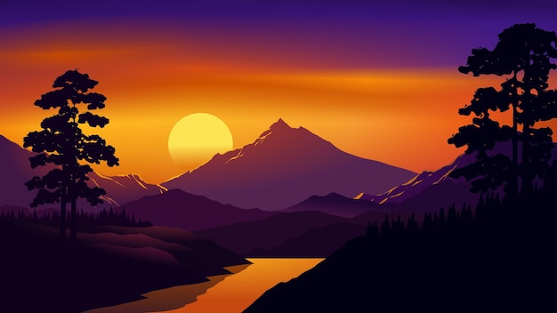 Vector sunset over a mountain landscape with mountains and a river.