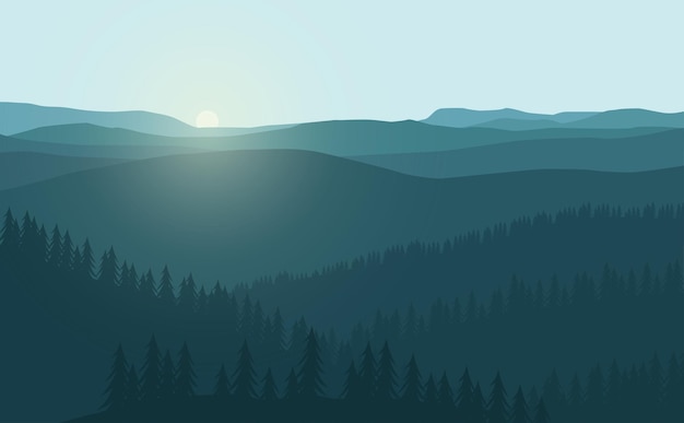 Sunset mountain landscape with tree silhouette