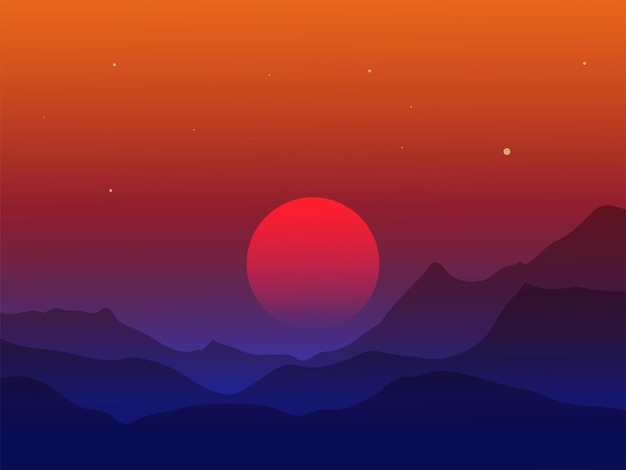 Vector sunset in mountain minimal landscape background