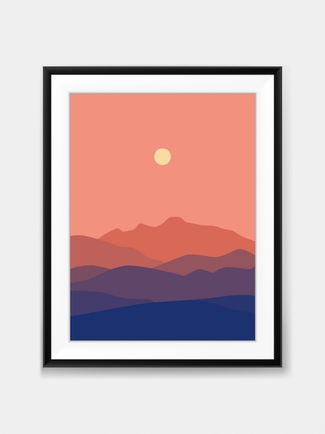  Sunset Mountain View Landscape Minimal Painting on Wall with Black Frame