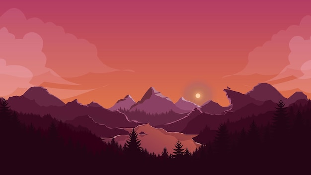 Sunset mountains landscape background orange sky with wolf silhouette