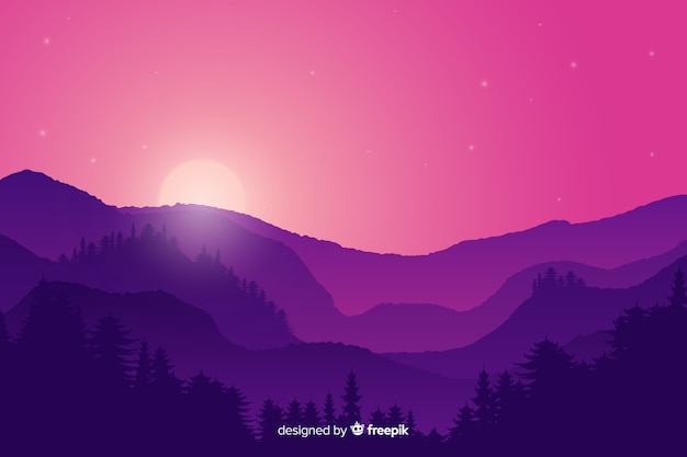 Вектор Закат горы пейзаж с фиолетовыми цветами градиента