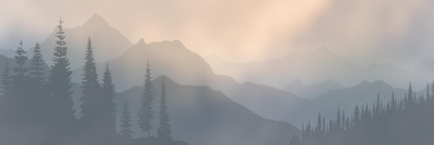 Vector sunset in the mountains, panoramic view, gloomy weather, vector illustration