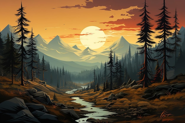 Vector sunset in the mountains and river landscape scene