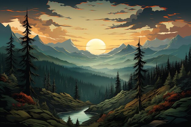 Vector sunset in the mountains and river landscape scene