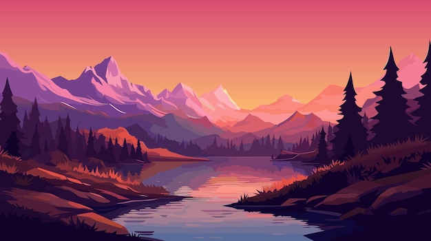 Vector sunset in the mountains wild mountains landscape