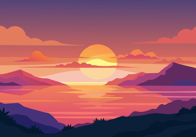 a sunset over the mountains with a sunset in the background